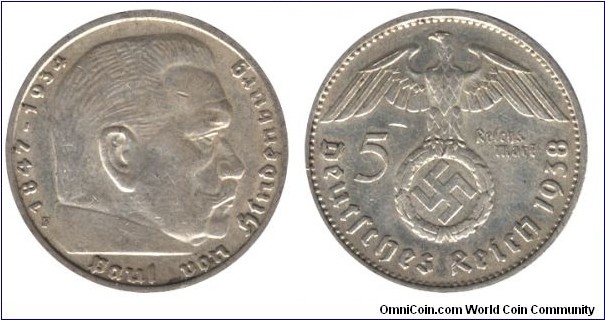 Germany, 5 marks, 1938, Ag, 29mm, 13.88g, MM: F, 1847-1934 Paul von Hindenburg.