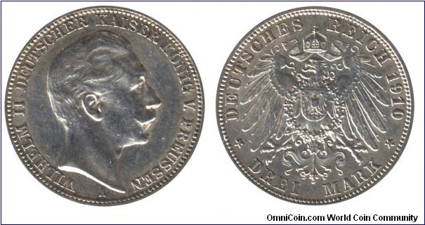 Prussia, 3 marks, 1910, Ag, 33mm, 16.67g, MM: A, Wilhelm II, Emperor of Prussia.