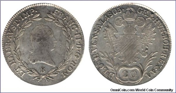 Austria, 20 kreuzer, 1805, Ag, 28mm, 6.68g, MM: B (Kremnitz, Körmöcbánya, Hungary), Emperor Franz II.