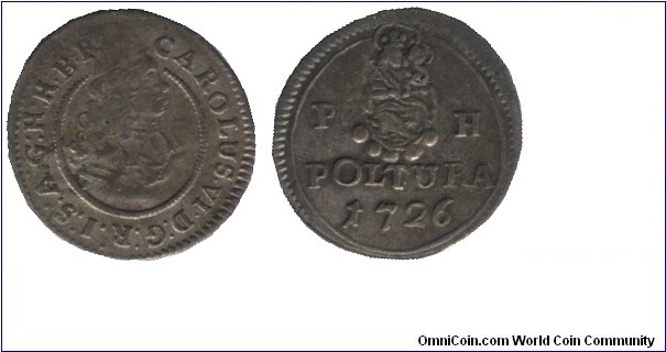 Hungary, King Charles III, 1 poltura, 1726, Ag, King Charles III.