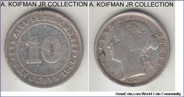 KM-10, 1900 Straits Settlements 10 cents, Heaton mint (H mint mark), silver, reeded edge; Victoria, fine details, old cleaning and reverse scratch.