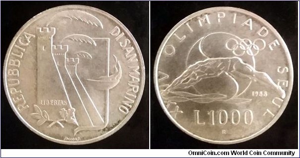 San Marino 1000 lire.
1988, XXIV Summer Olympics - Seoul 1988. Ag  835. Weight; 14.6g. Diameter; 31.4mm. Mintage: 32.000 pcs. 