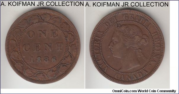 KM-7, 1886 Canada cent; bronze, plain edge; Victoria, smaller mintage year, decent extra fine or almost.