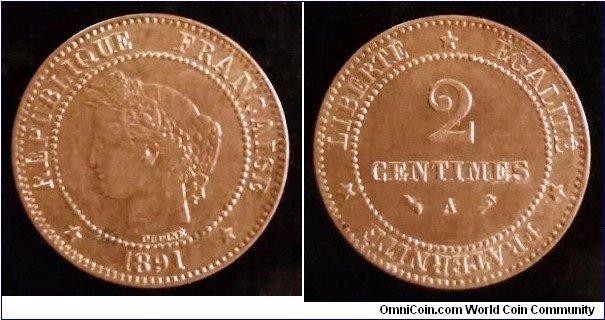 France 2 centimes. 1891, A - Paris. Bronze. Mintage: 300.000 pcs.
