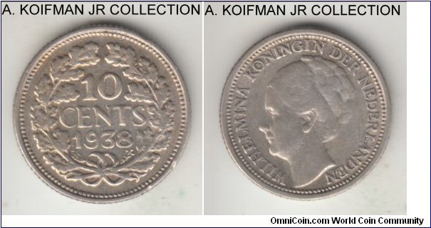 KM-163, 1938 Netherlands 10 cents; silver, reeded edge; Wilhelmina I, very fine or about.
