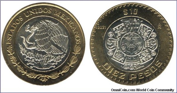 Mexico, 10 pesos, 2021, Al-Bronze-Ni-Brass, bi-metallic, 28mm, 10.33g, The circle of the Aztec sun stone representing Tonatiuh with the fire mask.