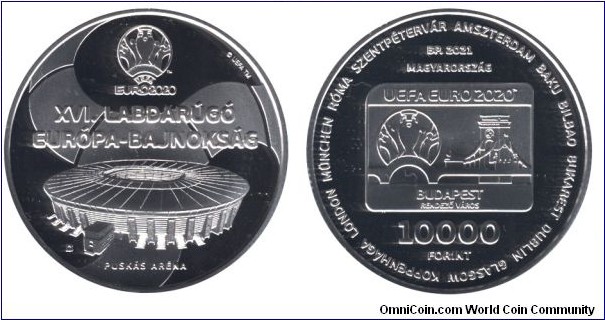 Hungary, 10000 forint, 2021, Ag, 38.61mm, 31.46g, UEFA XVIth European Soccer Championship, Puskás Aréna.