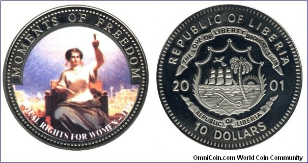Liberia, 10 dollars, 2001, Cu-Ni, coloured, 38.60mm, 28.5g, Moments of Freedom: Equal Rights for Women - 1866.