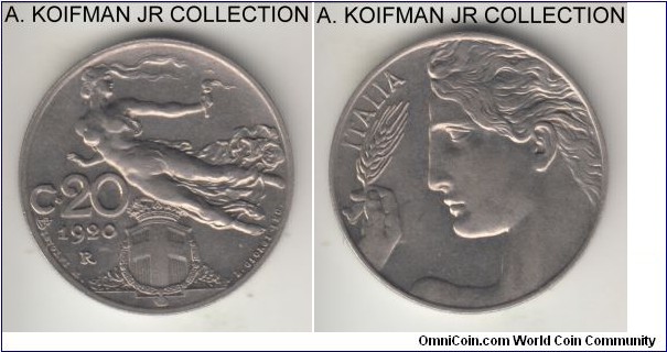 KM-44, 1920 Italy 20 centesimi, Rome mint (R mint mark); copper-nickel, reeded edge; Vittorio Emmanuele III, Victory in flight type, uncirculated.
