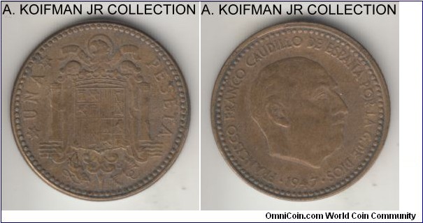 KM-775, 1947(53) Spain (Kingdom) peseta; aluminium bronze, plain edge; Franco period, very fine or about.