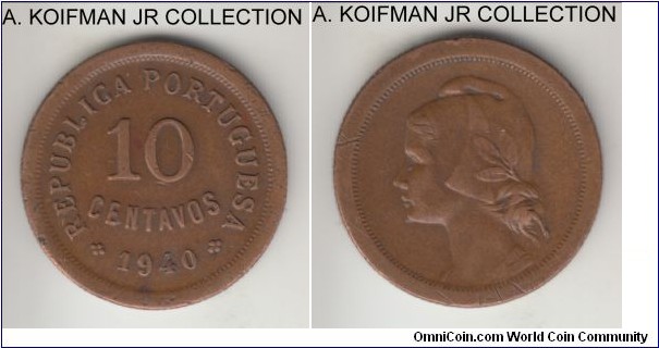 KM-573, 1940 Portugal 10 centavos; bronze, reeded edge; last year of the type, good very fine or better.