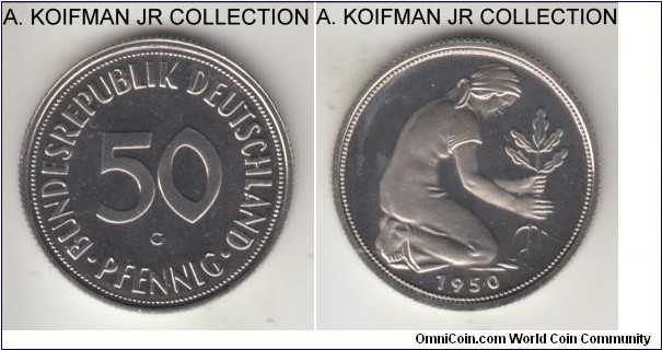 KM-109.1, Germany (Federal Republic) 50 pfennig, Karlsruhe mint (G mint mark); proof, copper-nickel, reeded edge; choice proof, Krause and Numista both list mintage of 1,800 but this is not likely as it exists in many mixed year sets with 1965-G coins.