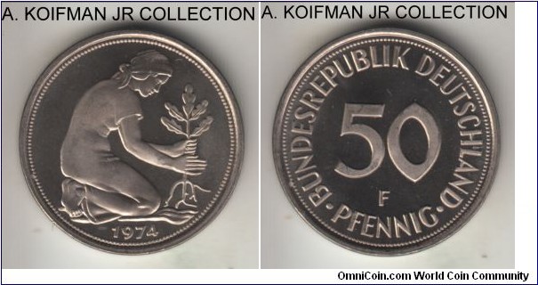 KM-109.2, 1974 Germany (Federal Republic) 50 pfennig, Shtuttgart mint (F mint mark); proof, copper-nickel, plain edge; proof strike variety from the annual set, mintage 35,000.