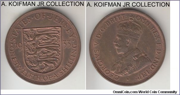 KM-16, 1935 Jersey 1/12'th of a shilling; bronze, plain edge; George V, 3-year type, average red brown uncirculated or almost.