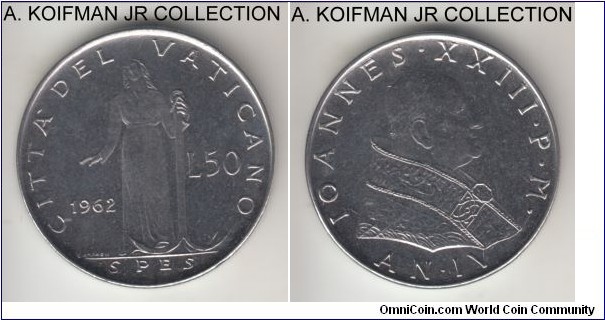 KM-63.2, 1962 Vatican 50 lire; stainless steel, reeded edge; Year IV of Pope John XXIII, mintage 100,000, bright uncirculated, reflective and thus hard to scan.