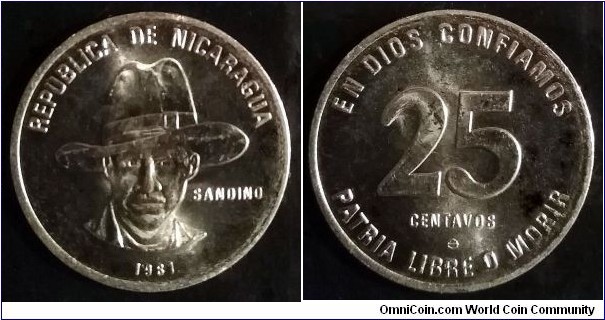 Nicaragua 25 centavos.
1981, Nickel clad steel.