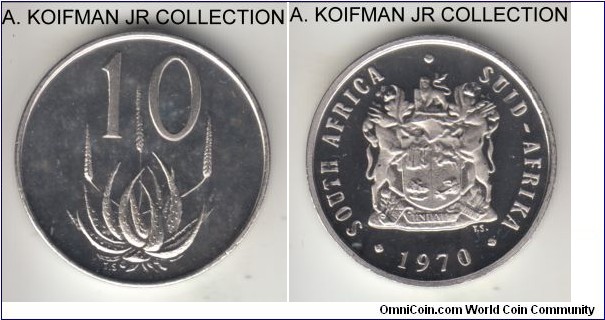 KM-85, 1970 South Africa (Republic) 10 cents; proof, nickel, plain edge; mintage 10,000, typical cameo proof in annual mint proof set of issue.