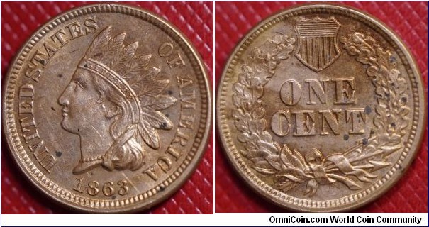 1863 Indian head cent. UNC details cleaned
