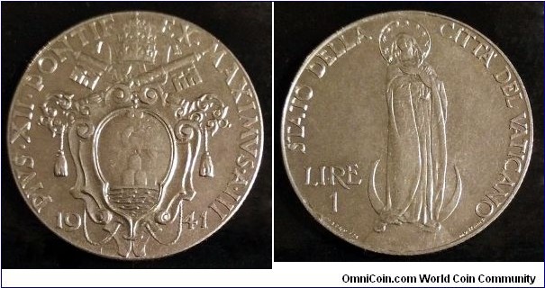 Vatican 1 lira.
1941, Pontif. Pius XII. Stainless steel. Mintage: 284.000 pcs.