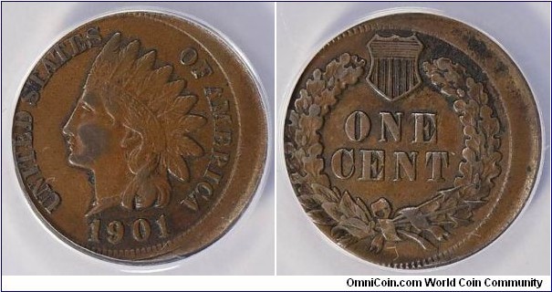 ANACS VF35 1901 Indian cent. 20% off center