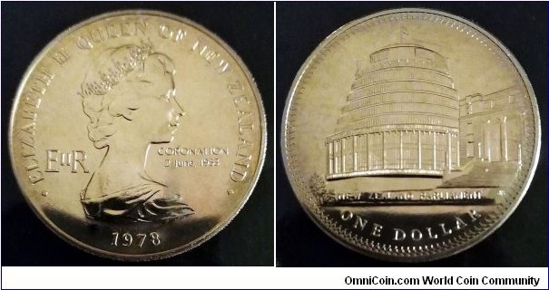 New Zealand 1 dollar.
1978, 25th Anniversary of the Coronation of Elizabeth II. New Zealand Parliament building.