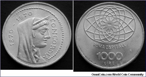 Italy 1000 lire.
1970, Centennial of Rome as Capital of Italy. Ag 835. Weight: 14.6g.