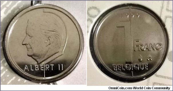 Belgium 1 franc from 1999 mint set. French text. Mintage: 60.000 pcs.