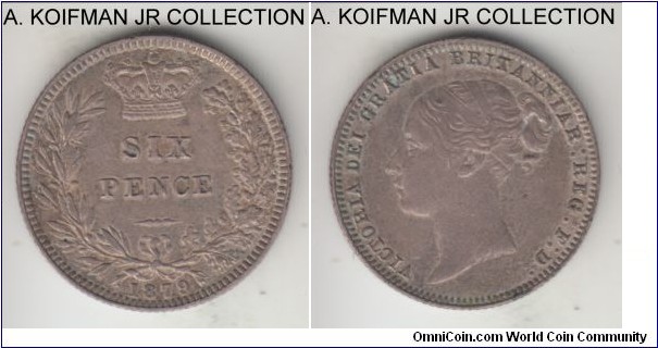 KM-751.2, 1879 Great Britain 6 pence; silver, reeded edge; Victoria, no die number type, naturally toned decent very fine to good very fine.