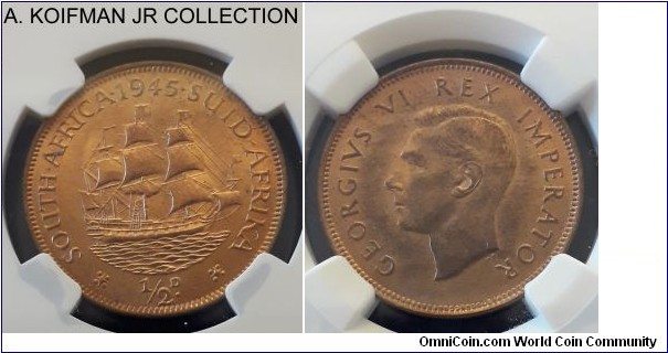 KM-24, 1945 South Africa (Dominion) half penny; bronze, plain edge; George VI first type, red reverse, mostly red obverse, NGC graded MS 64 RB.