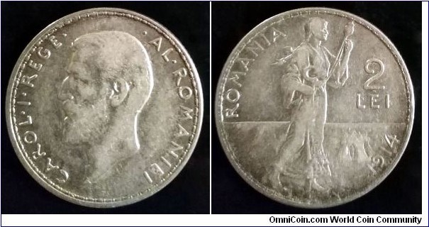 Romania 2 lei.
1914, Carol I. Ag 835.