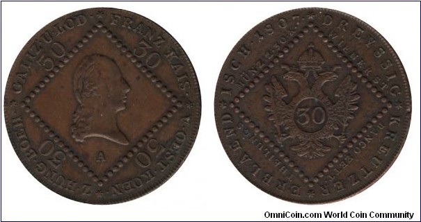 Austria, 30 kreutzer, 1807, Cu, 37.5mm, 17.5g, Emperor Franz I.