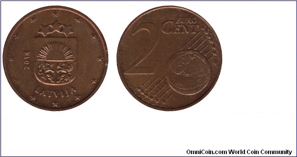Latvia, 2 cents, 2014, Cu-A, 18.75mm, 3.08g.