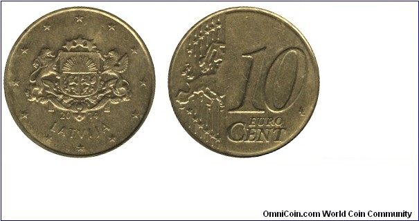 Latvia, 10 cents, 2014, Brass, 19.75mm, 4.1g.