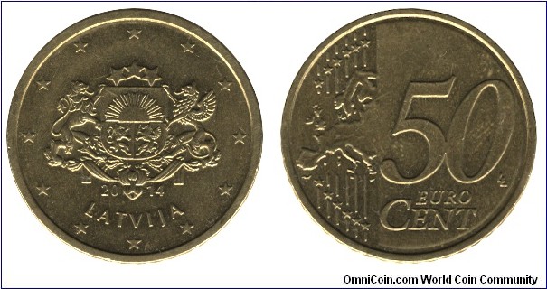 Latvia, 50 cents, 2014, Brass, 24.5mm, 7.8g.