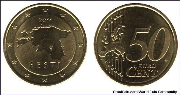 Estonia, 50 cents, 2011, Brass, 24.25mm, 7.8g, Map of Estonia.