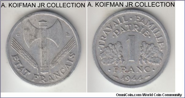 KM-902.3, 1944 France franc, Castelsarrasis mint (C mint mark); aluminum, plain edge; Vichy French State issue, good details but toning and some aluminum rust.