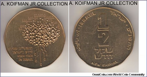 KM-324/P117, Israel 1999 1/2 sheqel; piedfort, aluminum-bronze, 12-sided flan, plain edge; double thickness of the normal 1/2 sheqel, 1-year type celebrating High tech industry, struck in piedfort only sets, mintage 6,000, in original CD-box style mint set of issue #5961, uncirculated with toned obverse.