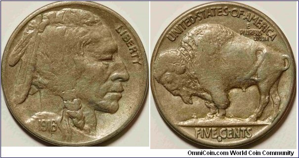 1916-S BUFFALO NICKEL soft strike AU