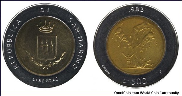 San Marino, 500 lira, 1983, Steel-Al-Bronze, bi-metallic, 25.8mm, 6.8g, Nuclear War Threat.