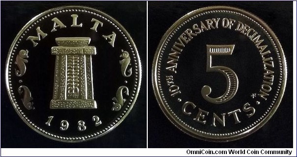 Malta 5 cents. 1982, 10th Anniversary of Decimalization. Proof from Franklin Mint. Mintage: 1.793 pcs.

