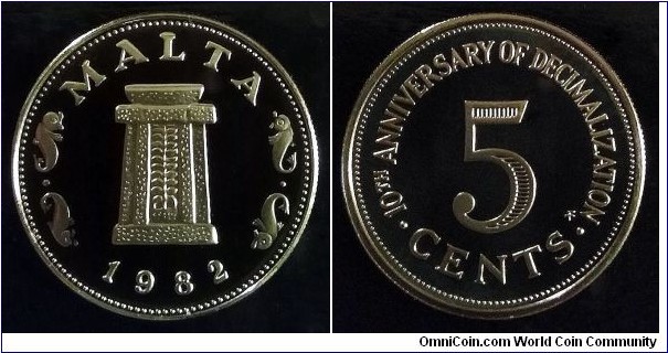 Malta 5 cents. 1982, 10th Anniversary of Decimalization. Proof from Franklin Mint. Mintage: 1.793 pcs.

