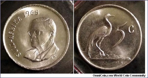 South Africa 5 cents. 1968, Afrikaans legend. The end of Charles Robberts Swart's Presidency. From 1968 mint set.