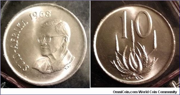 South Africa 10 cents. 1968, Afrikaans legend. The end of Charles Robberts Swart's Presidency. From 1968 mint set.