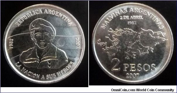 Argentina 2 pesos.
2007, 25th Anniversary of the South Atlantic War.