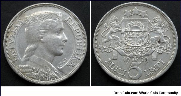 Latvia 5 lati. 1929, Ag 835. Weight; 25g. Diameter; 37mm. Mintage: 1.000.000 pcs.