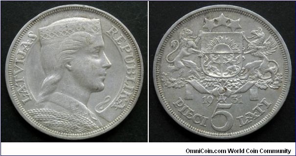 Latvia 5 lati. 1931, Ag 835. Weight; 25g. Diameter; 37mm. Mintage: 2.000.000 pcs.