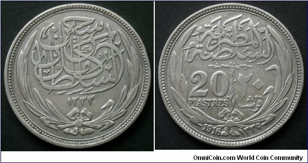 Egypt 20 piastres.
1916, Sultan Hussein Kamil. Ag 833. Weight; 28g. Diameter; 39,9mm.
Mintage: 1.500.000 pcs.