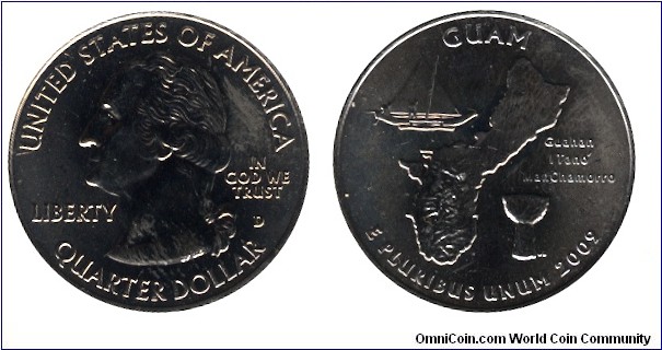 USA, 1/4 dollar, 2009, Cu-Ni, 24.26mm, 5.67g, MM: D, G. Washington, Guam, Guahan I Tanó ManChamorro.