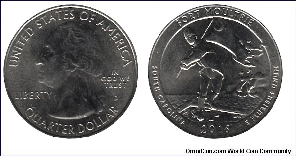 USA, 1/4 dollar, 2016, Cu-Ni, 24.26mm, 5.67g, MM: D, G. Washington, Fort Moultrie National Monument, South Carolina.