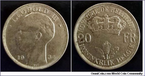Belgium 20 francs.
1934, Leopold III.
Ag 680. Weight; 11g.
Diameter; 28,15mm. Mintage: 1.250.000 pcs.